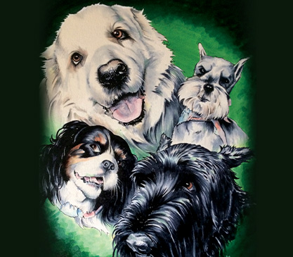 Four dogs: Great Pyrenees, schnauzer, Cavalier King Charles spaniel, and Scottish terrier.