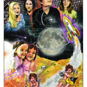 Collage of five people, moon, and flying rocket.