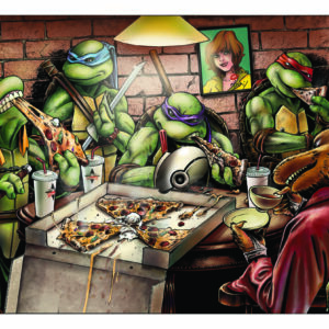 Teenage Mutant Ninja Turtles eating pizza.